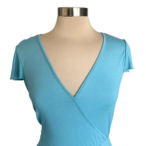 Juicy Couture Turquoise Faux Wrap Midi Dress Knit Ruffle Asymmetric Hem Sz MED - Picture 4 of 8